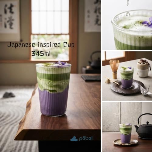 Image of PEBELLIFEWARE Ribbed Glass Coffee Mugs Set of 2 - 345ml Japanese Tumbler | Set of 2 Handblown Ribbed Borosilicate Glasses 345ml for Iced Coffee & Matcha, Heat Resistant, Microwave & Dishwasher Safe