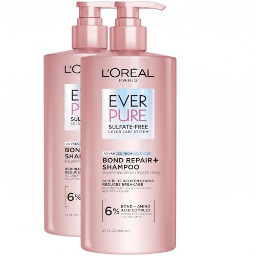 L'Oreal Paris Sulfate Free Bond Repair+ Shampoo, Hair Shampoo with Amino Acid Complex, Strengthens and Repairs Damaged or Color Treated Hair, EverPure, 23 Fl Oz, 2 Count (Packaging May Vary)