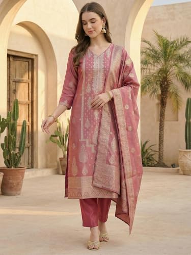 Image of INDO ERA Women's Purple Silk Blend Woven Design Straight Kurta and Pant with Dupatta Set (IESTR5599)