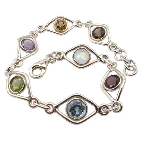 Image of Solid Sterling Silver Multistones Bracelet 7.7 inch Wedding Gemstone