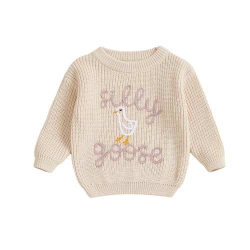 Baby Boy Girl Cute Silly Goose Long Sleeve Embroidery Sweater Toddler Knit Outfit (Beige, 9-12 Months)