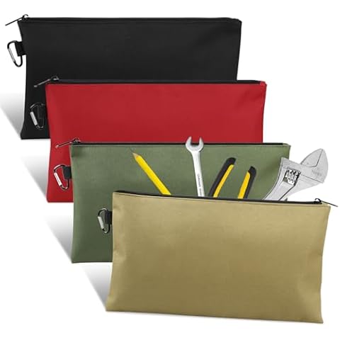 4 Pack Tool Bag, Premium Tool Pouch Zipper Bag, 12" Tool Pouch with Zipper, Multipurpose Storage Pouch with Carabiner for Tools, Stationary, Pencil Pouch, Gadgets, Cosmetics Cover