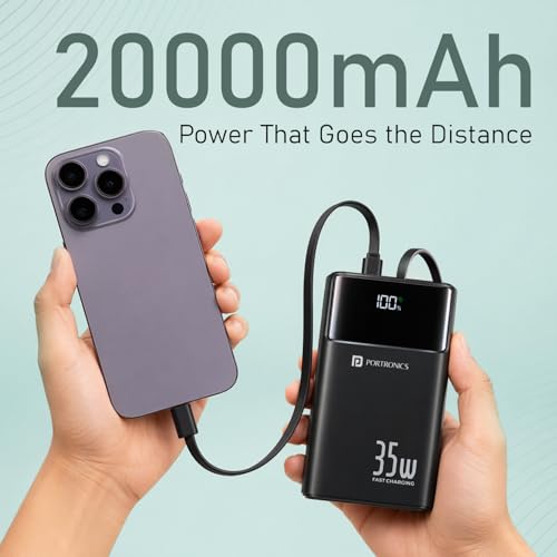 Image of Portronics Titan 35 20000mAh Fast Charging Powerbank with in-Built Type C & 8 Pin Cable, 35W Super Fast Charging, Type C PD Output, Type C Bidirectional Port, LED Display (Black)
