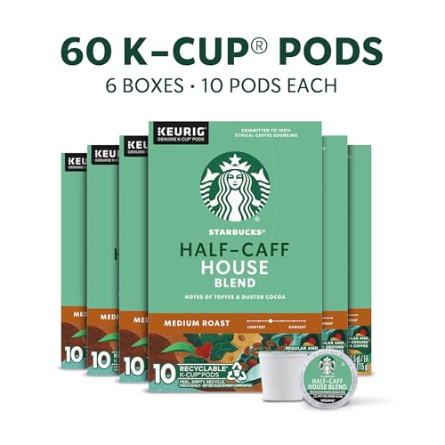 Image of Starbucks K-Cup Coffee Pods, Medium Roast Hot or Iced Coffee, Half-Caff House Blend, 60 Keurig Pods