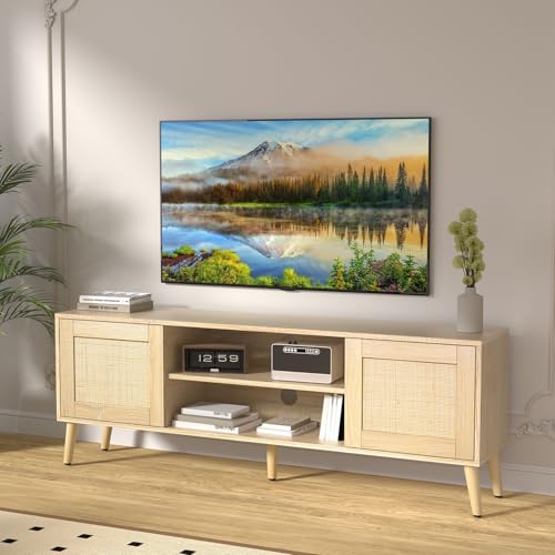 NewBeth Boho TV Stand for 65 Inch TV,Entertainment Center with Adjustable Shelf,Rattan Console with 2 Cabinets,Media Console, 5 Solid Wood Feet, 2 Cord Holes, for Living Room - Light Wood Grain