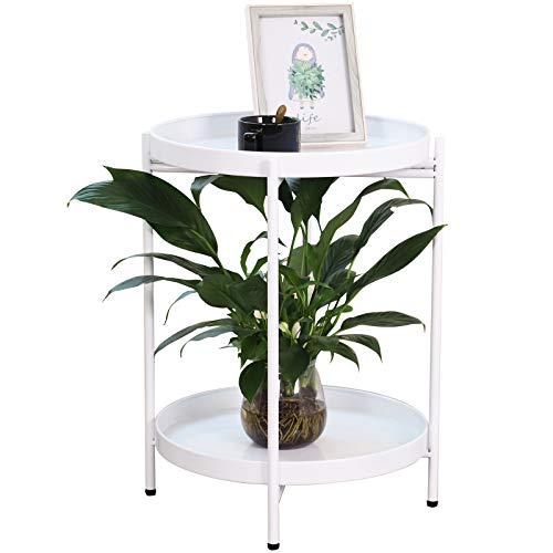 LANPU Folding Round Metal Side Table, 2 Tier Tray End Table Sofa Tables, Waterproof and Anti-Rust Snack Table Accent Coffee Table for Living Room(White)