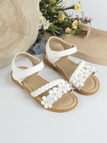 Image of OYOANGLE Girl's Flower Decor Braided Flat Sandals Open Toe Ankle Strap Dressy Sandals White CN33, 4.5 Big Kid