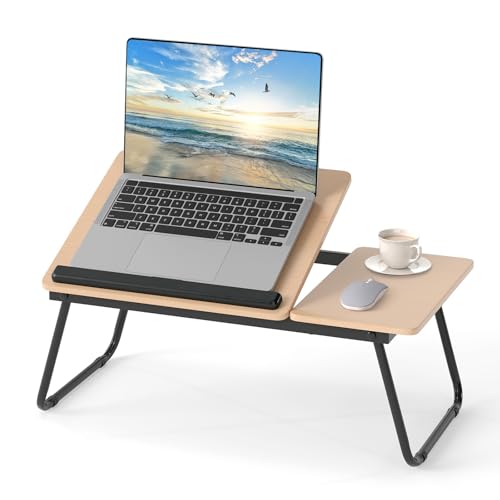 COSTWAY Table de Lit Pliable 55 x 32 cm, Plateau de Lit pour Ordinateur Portable avec 5 Angles d'Inclinaison Réglables, Cadre en Métal, Idéal pour Lecture, Travail, Petit Déjeuner (Naturel+Noir)