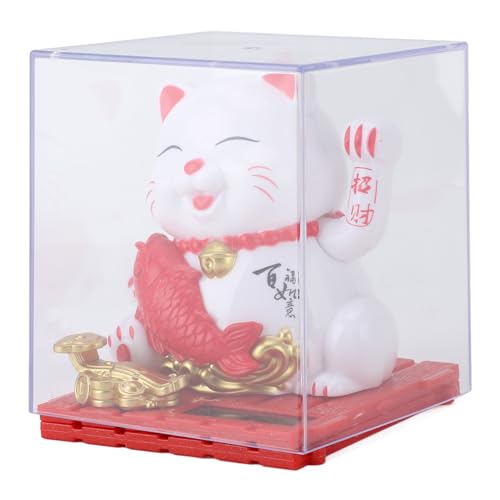 Solar Waving Cat, Lucky Cat, Solar Powered Waving Cat for Desk Car Home, Energy Saving Cat Sculpture (White)