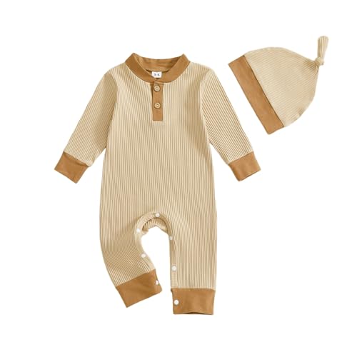 Image of Newborn Baby Boy Romper Long Sleeve Color Block Knit Rib Jumpsuit and Hat Infant Clothes Fall Winter Outfit (Apricot, 0-3 Months)