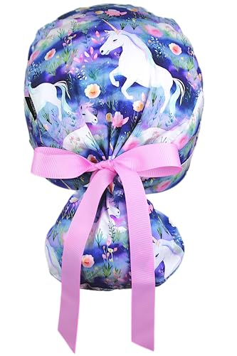 Image of Scrub Cap for Women and Men, Ponytail Scrub Caps, Working Hat, Head Cover with Ribbon Ties and Buttons, Long Hair