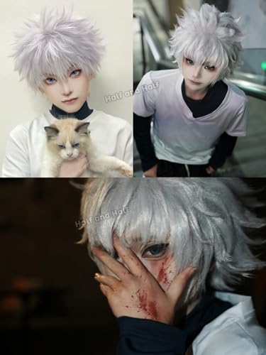 Image of Half and Half Short White Anime Cosplay Wig for Men Silver White Hunter-Killer Male Wigs with Bangs Light Purple White Spiky Layered Wig for Hallloween Party Costumes Women