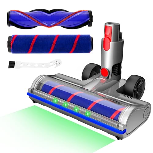 Image of 2 Brushes Vacuum Cleaner Head with Four Green LED Lights & Self-Standing Design, for V7 /V8 /V10 /V11 /V15, Quick-Release Motorized Brush Roll, Anti-Tangle for Hard Floor & Thin Carpets & Shaggy Carpet