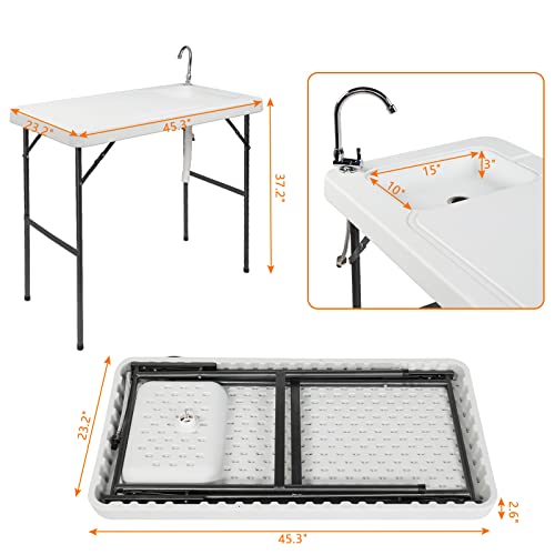 Outvita Mesa de Camping Plegable para Limpiar Pescado, 45" HDPE Estación Exterior con Fregadero, Grifo de Acero Inoxidable 360°, Manguera de Drenaje, Plataforma de Trabajo para Camping miniatura 3