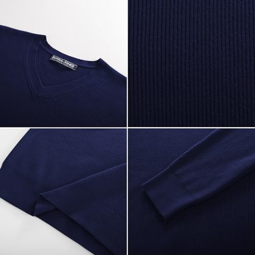PJ PAUL JONES Mens Lightweight Sweater Ribbed Long Sleeve Sweaters Casual V Neck Knit Textured Pullover Business Office Work Navy Blue M 6