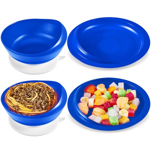 Hushee Adaptive Spill Proof Scoop Bowl and Plate Set with Suction Base Non Skid Self Feed Dinnerware for Elderly Disabled Handicapped from Parkinsons, Dementia, Stroke, Tremor(2 Sets,Blue)