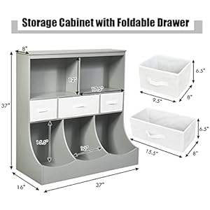 Honey joy kids toy storage organizer with bookcase 8 cubby organization storage cabinet wdisplay shelf 3 removable fabric bins wooden toy storage unit for playroom nursery daycaregray  urban country home decor