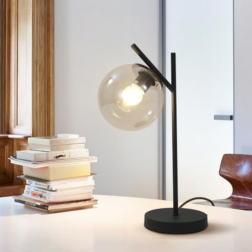Image of Mid Century Table Lamp Vintage Bedroom Desk Lamp Black Nightstand Lamp Contemporary Clear Glass Globe Bedside Lamp for Office Study Room