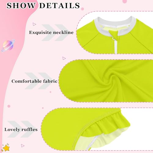 Image of Plain Neon Yellowish Green Baby Girl Bathing Suit Long Sleeve UPF 50+ One Piece Toddler Swimsuit Size 3T