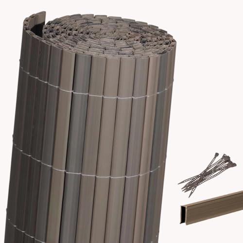 Videx Sichtschutzmatte Kunststoff 90 x 300cm | inkl. farbig passender Abdeckung + Befestigung| 100% Blickdicht ohne Spalten | Made in Germany |Sichtschutzmatte Rügen Balkong|Schiefer