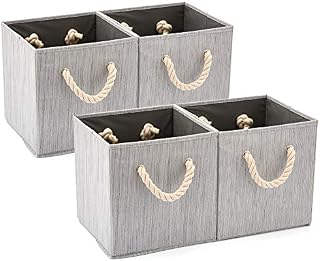 EZOWare Set of 4 Fabric Bamboo Fabric Storage Basket Bins with Cotton Rope Handle, Foldable Organiser Cube Boxes for Nursery Baby Kids Room Toys Home Shelving  28x28x28 cm /Bamboo Gray