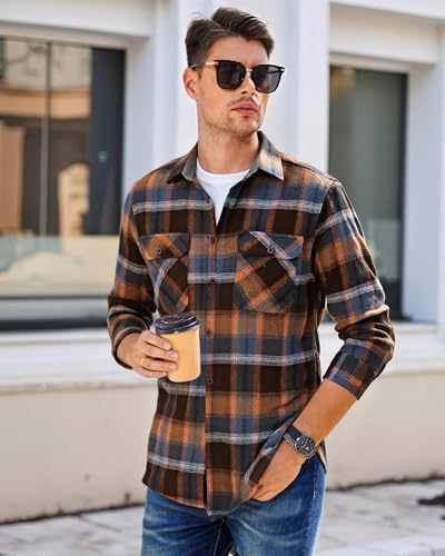Image of WARHORSEE Flannel Shirt for Men Long Sleeve Button Down Plaid Shirts | Soft Cotton Blend for Multi-season Wear, Lightweight yet Warm, Dual buttoned storage pockets, Machine Washable Easy Care