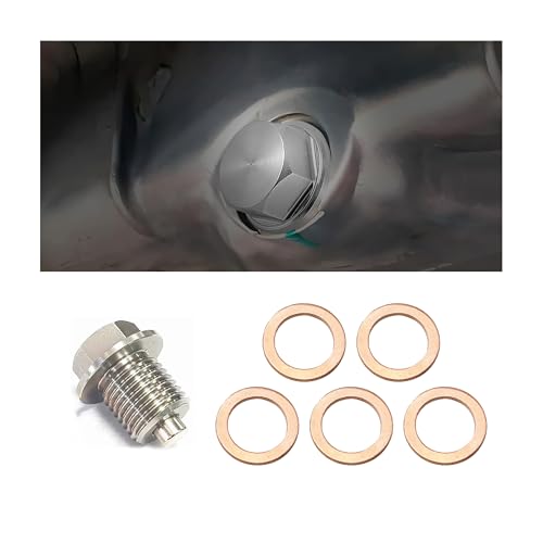 Tioollev M14×1.5 Magnetic Oil Drain Plug, Aluminum Stainless Steel Sump Drain Nut Bolt with 5 Copper Crush Washer, Universal Leak-proof Replacement Car Accessories for Most Vehicles (M14×1.5)