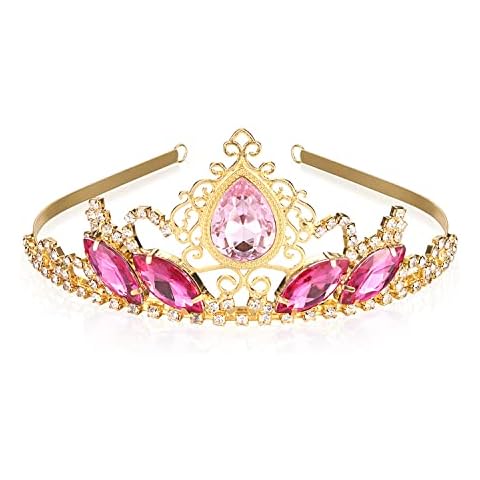 Pink Rhinestone Princess Tiaras Fairy Bridal Headpiece Birthday Halloween Gold Crown for Teen Girl Cover