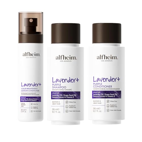 ALFHEIM Lavender+ 3-Step Hair Care Kit | Purple Shampoo, Conditioner & Leave-In Spray for Blonde, Silver & Highlighted Hair | Anti-Brass, Hydrating, UV Protection | Sulfate-Free, Color-Safe | Gift
