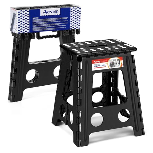 ACSTEP Folding Step Stool 16 Inch Heavy Duty Step Stool Foldable for Adults and Kids Collapsible Stepping Stool with Handle Non Slip Folding Stools for Kitchen Hold Up to 400lbs (Black 1PC)