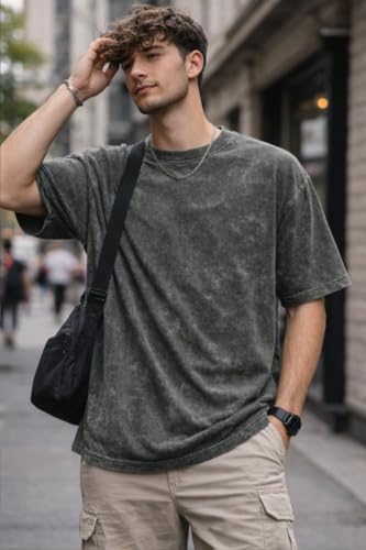 Image of boffi ... 100% Cotton Oversized T-Shirt Unisex Drop Shoulder Dye Washed Street Look Black Pack of 1