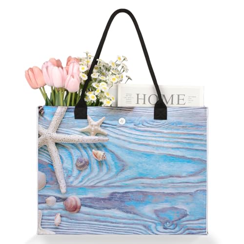 Summer Shells Star Wooden Tote Bag for Women Large Beach Bag Reusable Tote Bags for Work Travel Beach Shopping3