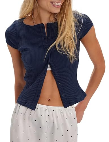 Image of Dqbeng Womens Summer Cardigans Cap Sleeve Ribbed Button up Shirts Fitted Basic Going Out Tops (Navy-M)
