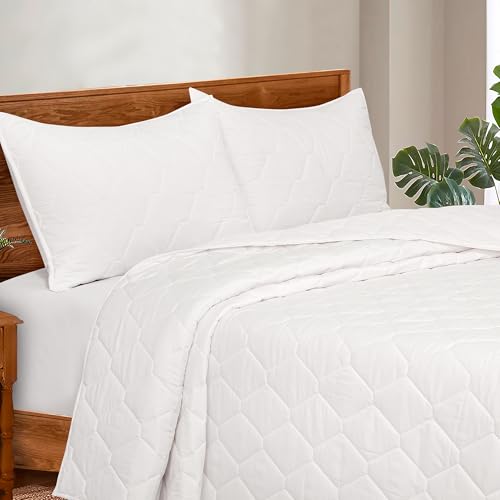 Image of ROYALE LINENS Twin Size 2 pc Quilt Set - Soft Lightweight 100% Microfiber Quilted Set - Solid Bedspread - Quilted Blanket Thin Comforter - Bedding Coverlets for All Seasons (Ivory, 1 Quilt- 1 Sham)