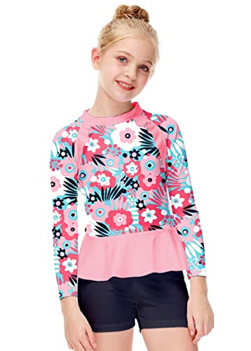 Girl's Surf Shirt Long Sleeve Swim Top Beach Uv Sun Protection Rash Guard Tropical Floral Rose Red 9-10 Years #TOP4