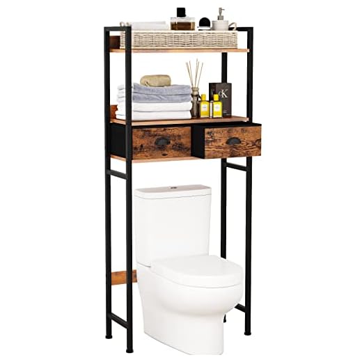Furnulem Over The Toilet Storage Cabinet with 2 Drawers, 3-Tier Bathroom Organizer Space Saver Rack Wood Shelf, Floor Mount Above Toilet,Freestanding with Adjustable Feet (Rustic Brown)