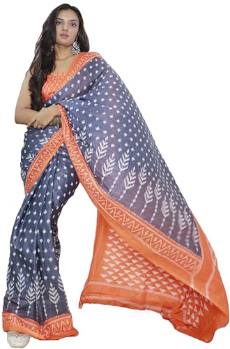 Image of RADHA LAKSHMI Pure Soft Cotton Ikkat Hand Print Women's Saree with Blouse Piece, Grey Dhumketu