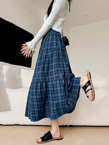 utcoco Womens Retro Preppy Plaid Midi Skirt Elastic High Waist Tiered Flared Ruffle A Line Long Skirt3