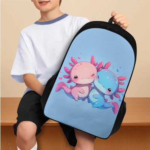 Cute Axolotl Backpack for Girls Boys Backpack with Lunch Box Large Pencil Pouch and Leather Bookmark 4 Pcs Set 17" Bookbag with Compartments for School Sturdy Elementary School Bag for Kids2