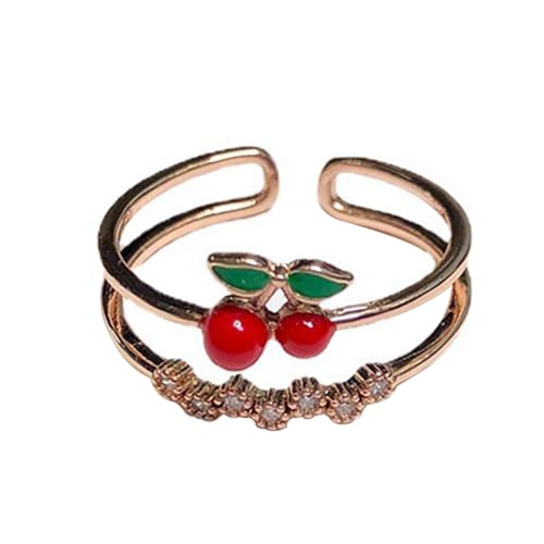 Anillos de Cereza Roja Lindos para Chica Dulce ambigua Cinta de Color Dorado Circonita Anillo Ajustable para Joyería Regalo