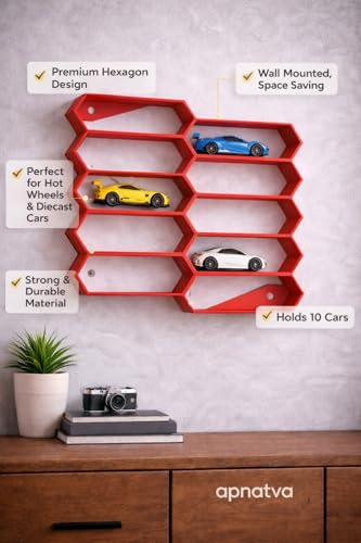 Image of 10-Car Hexagon Wall Rack Compatible with Hot Wheels Stand & 1:64 Die-Cast Cars | Stackable Wall Car Display Organizer with Side Guards & Screw Slot | Home & Office Decor (NO CAR INCLUDED)(Red)