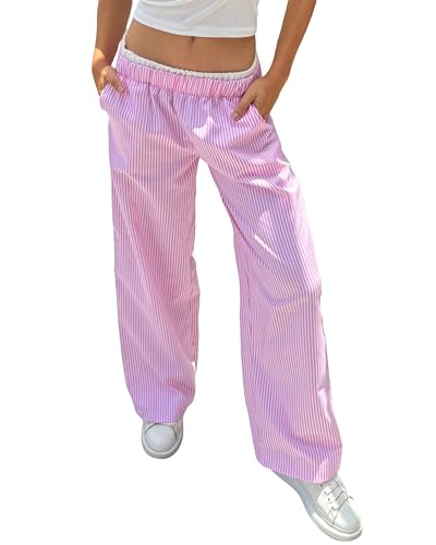 Owl's-Yard Women's Y2K Gingham Pants Striped Contrast Color Double Waistband Wide Leg Loose Casual Trousers