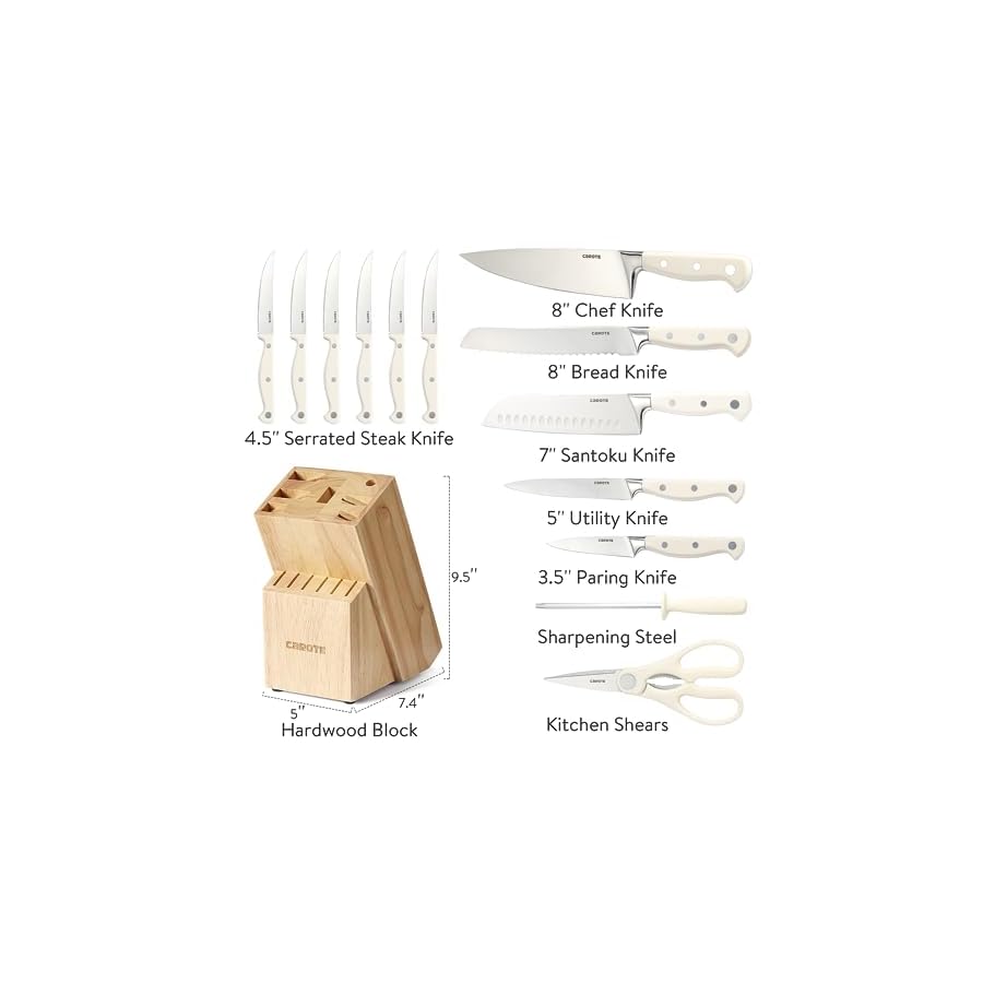 CAROTE 14 Pieces Knife Set with Block, Forged, High Carbon Stainless Steel Sharp Blade Block Knife Set, Dishwasher Safe Cutlery, Cream