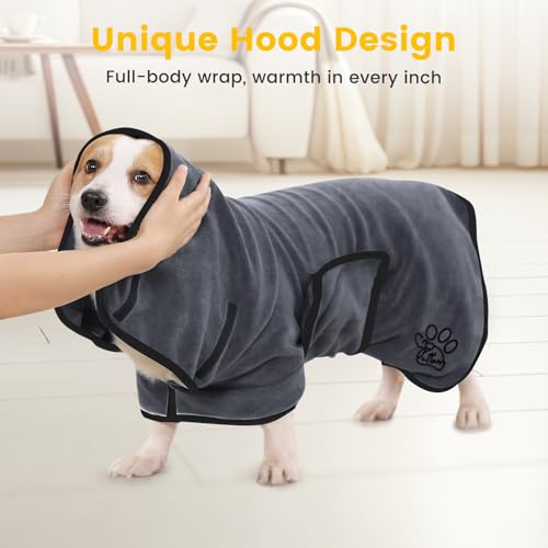 PETTOM Hundebademantel, Bademantel Hund mit Hohem Kragen, Hundebademantel für Große Mittelgroße und Kleine Hunde, Hunde Bademantel Mikrofaser mit Klettverschluss (Grau, L)