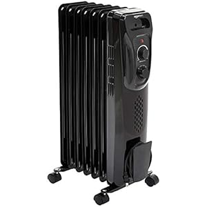 Amazon Basics Oil Heater, Radiator Heater for Indoor Use, With Over-Heat Protection, 7 Oil-Filled Steel Fins, 3 Heat Settings, ETL-certified Safety, 1500W, Black, 11″D x 14.8″W x 25.2″H
