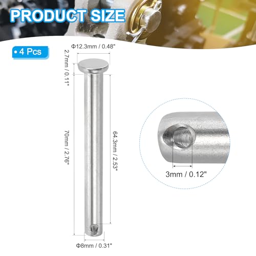 PATIKIL 8 x 75 mm Einzel-Loch-Clevis-Stifte, 4 Stück 304 Edelstahl Flachkopf-Stift für Hitch Pin Lock Link Scharnier-Systeme, Silber