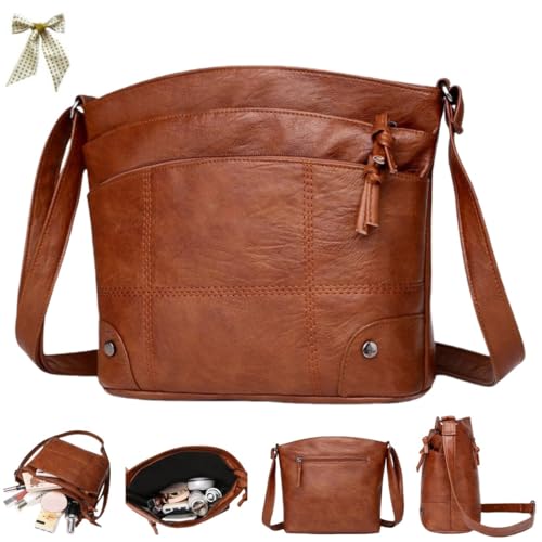 Soft Leather Messenger Multi Pocket Large Capacity Shoulder Bag,Fashion Retro Crossbody with Adjustable Strap Zipper Handbag