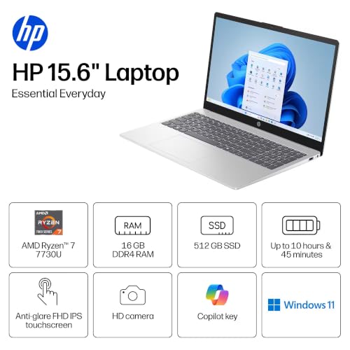 Image of HP 15.6 inch FHD Touchscreen Laptop, AMD Ryzen 7 7730U, 32GB RAM, 1TB SSD | AMD Radeon Graphics | 15.6 inch IPS Anti-Glare Display | Win 11 Pro | Numeric keypad | Copilot Key | Wi-Fi 6 | 720p Camera