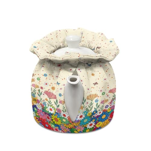 Image of Xoenoiee Black Cat Butterfly Tea Cozy Hippie Flower Print Tea Cosy for Teapots Keep Warm Teapot Cover Insulated Kettle Cover for Home Kitchen Table Decor