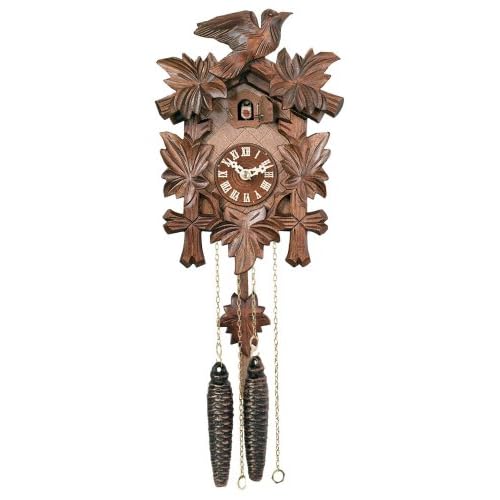 One Day Hand-Carved Cuckoo Clock with Five Maple Leaves & One Bird – 9 Inches Tall – Model # 11-09